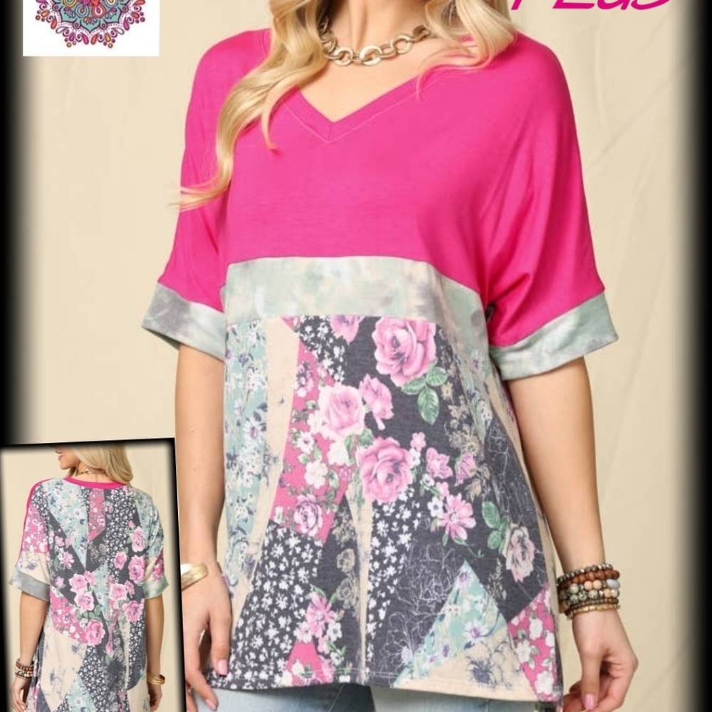 Plus Size short sleeve color block patchwork top